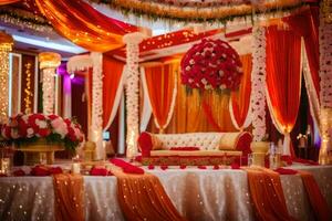 un indio Boda recepción con rojo y naranja decoraciones generado por ai foto