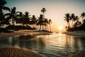 el Dom conjuntos terminado un playa con palma arboles generado por ai foto