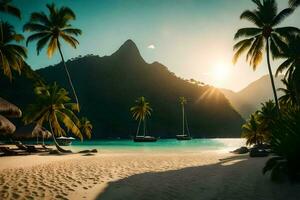 un tropical playa con palma arboles y barcos generado por ai foto