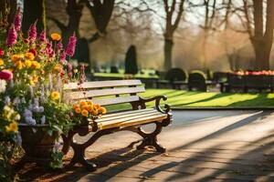 a bench in a park with flowers and trees. AI-Generated photo