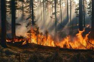 a forest fire in the woods with flames and smoke. AI-Generated photo