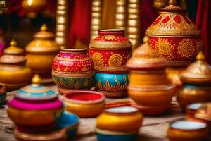 colorful pots and vases on display at a wedding. AI-Generated photo
