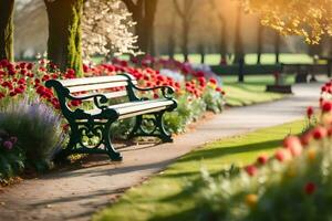 a park bench is surrounded by flowers and trees. AI-Generated photo