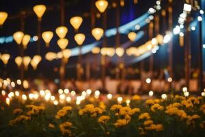 amarillo flores y velas en el noche. generado por ai foto