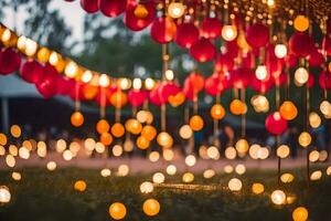 a string of red and yellow balloons are hanging from a grassy area. AI-Generated photo
