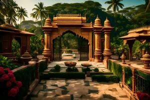 an indian style garden with a gate and a fountain. AI-Generated photo