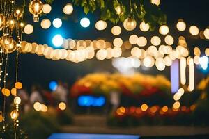 a wedding reception with lights and flowers. AI-Generated photo