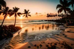 the sun sets on the beach in the tropical island of caribbean. AI-Generated photo