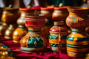 colorful vases on a red table with red cloth. AI-Generated photo