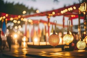 un grupo de luces son colgando desde un carpa. generado por ai foto