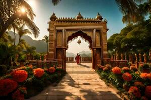 a man in red standing in front of an ornate gate. AI-Generated photo