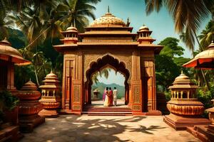 a man and woman standing in front of an indian temple. AI-Generated photo