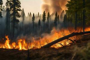 a forest fire in the background. AI-Generated photo