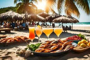 a table with shrimp, drinks and other food on the beach. AI-Generated photo