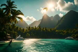 a tropical island with palm trees and boats. AI-Generated photo