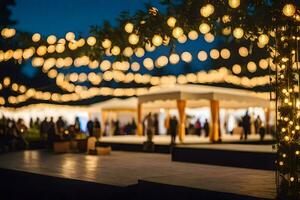 a wedding reception under the lights with string lights. AI-Generated photo