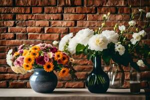 flowers in vases on a table. AI-Generated photo