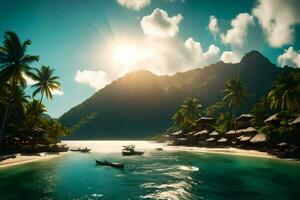 a tropical island with palm trees and boats. AI-Generated photo