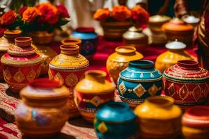 colorful pots and vases on a table with flowers. AI-Generated photo