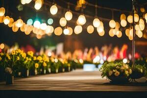 un mesa con flores y luces en el antecedentes. generado por ai foto