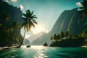 a tropical island with palm trees and a boat. AI-Generated photo