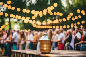 a candle on a table in front of a crowd. AI-Generated photo