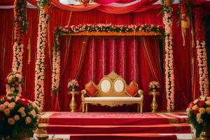 an indian wedding stage decorated with red and gold. AI-Generated photo