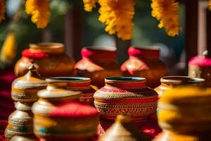 many colorful pots and vases are on display. AI-Generated photo