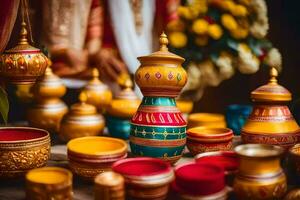 indian wedding decor with colorful pots and vases. AI-Generated photo