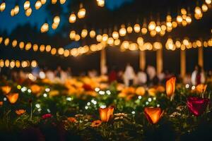 un jardín con luces y flores generado por ai foto