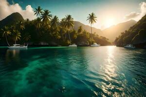 un tropical isla con palma arboles y barcos generado por ai foto