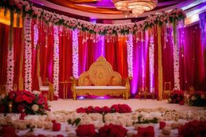an indian wedding ceremony with red and pink decorations. AI-Generated photo