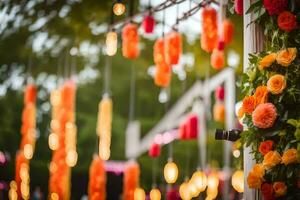 un vistoso Boda decoración con flores y luces. generado por ai foto