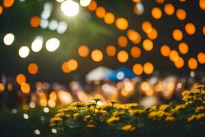 a group of yellow flowers in front of a lighted area. AI-Generated photo