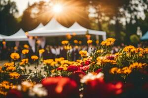 a field of flowers at sunset. AI-Generated photo
