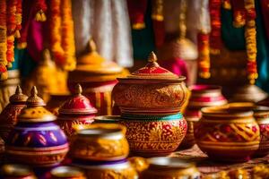 many colorful pots and bowls are on display. AI-Generated photo