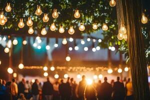a group of people standing under a tree with lights hanging from it. AI-Generated photo