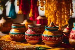 indian wedding decor with colorful pots and tassels. AI-Generated photo