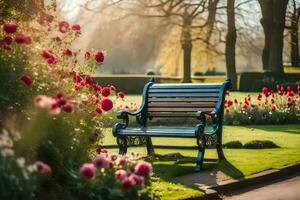 un banco en un parque con flores y arboles generado por ai foto