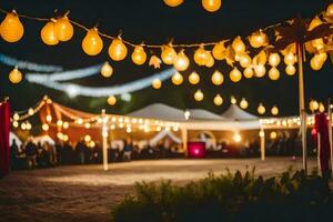 a wedding reception at night with string lights and lanterns. AI-Generated photo