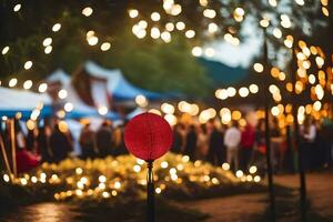 a red umbrella is in the middle of a crowd of people. AI-Generated photo