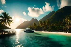 a yacht docked in the ocean near a tropical island. AI-Generated photo