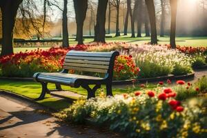 a park bench in a garden with flowers. AI-Generated photo