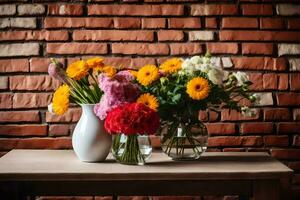 un mesa con flores y un ladrillo pared. generado por ai foto