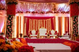 an indian wedding stage decorated with red and orange flowers. AI-Generated photo