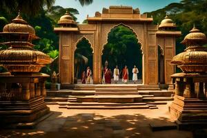 a group of people standing in front of an indian temple. AI-Generated photo