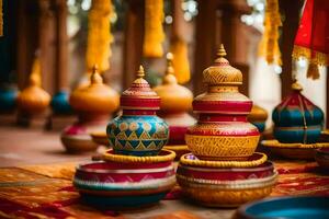 colorful pots and bowls sit on a table. AI-Generated photo