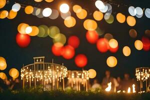 un grupo de personas son sentado alrededor un fuego con luces en el antecedentes. generado por ai foto