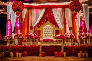 un Boda etapa con rojo y oro decoraciones generado por ai foto