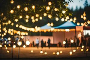 a wedding reception with lights hanging from trees. AI-Generated photo